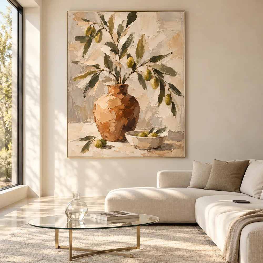 Earth-Tone Hand-Painted Oil Painting, Fruiting Branches in an Ochre Vase #U8CNUSTV