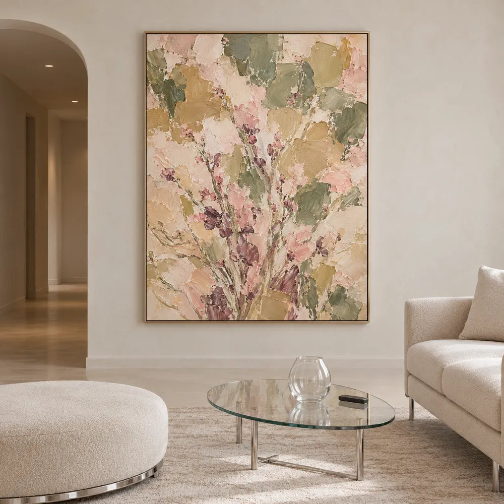 Sage and Blush Hand-Painted Oil Painting, Rising Floral Sprigs #FRM3RQIN