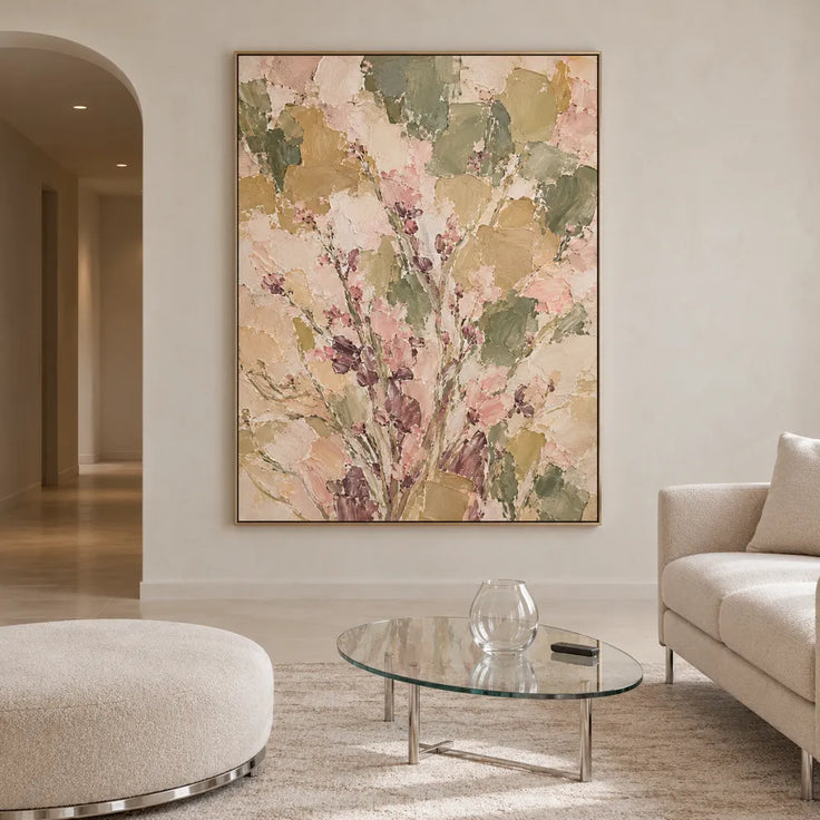 Sage and Blush Hand-Painted Oil Painting, Rising Floral Sprigs #FRM3RQIN