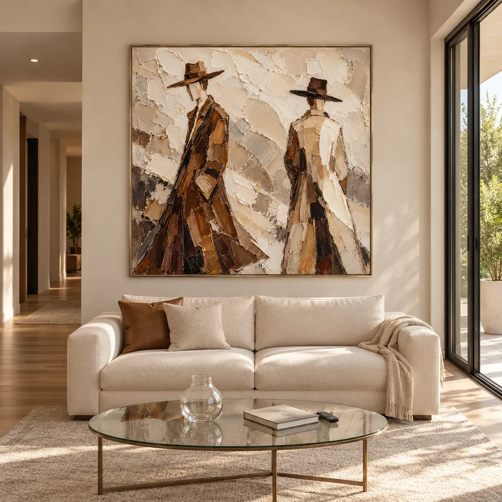 Earth-Tone Hand-Painted Oil Painting, Two Figures in Wide-Brim Hats #AROVDTOR