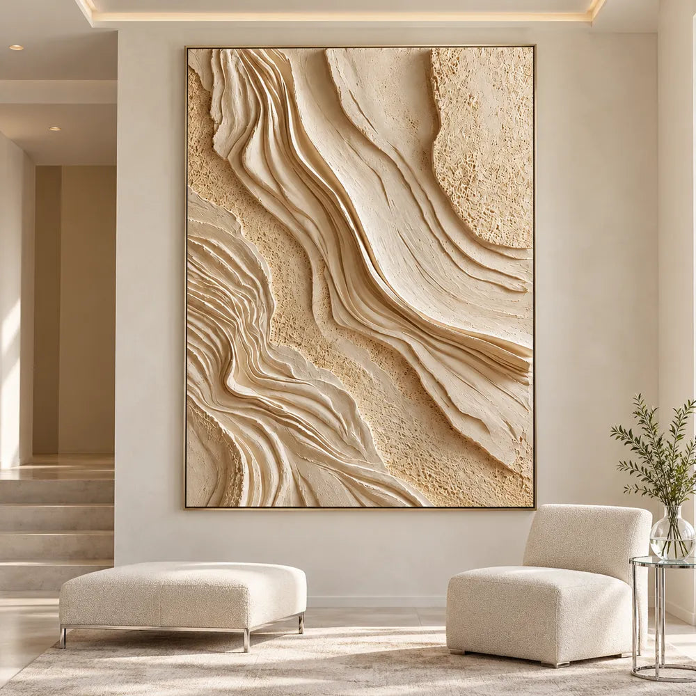 Beige Hand-Painted 3D Textured Oil Painting, Layered Contours Wall Art #CVIFU9CW