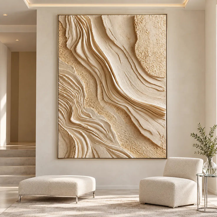 Beige Hand-Painted 3D Textured Oil Painting, Layered Contours Wall Art #CVIFU9CW