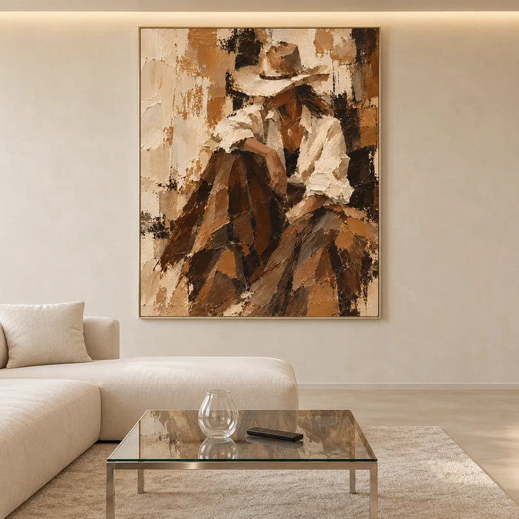 Brown and Cream Hand-Painted Oil Painting, Seated Cowgirl Portrait #E9CV57YO
