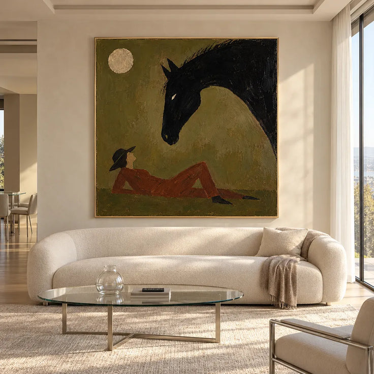 Olive Brown Hand-Painted Oil Painting, Black Horse and Reclining Figure #9MFNIU84