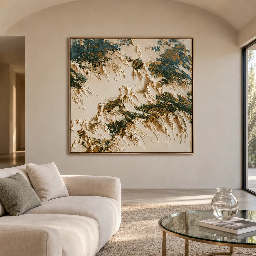 Cream and Deep Green Hand-Painted Oil Painting, Organic Abstract Forms #R1E3GSYK