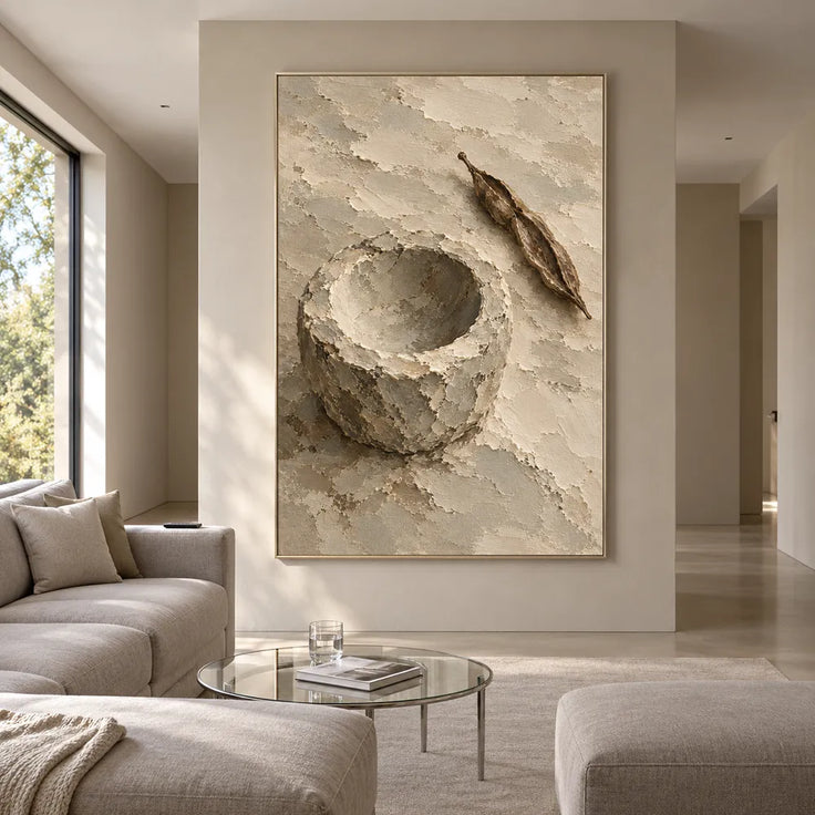 Beige Hand-Painted Still Life Painting, Bowl and Dried Leaves #EQ8DQ8IX