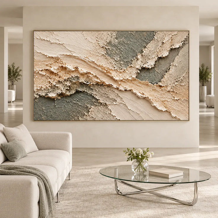 Cream and Sage Gray Hand-Painted 3D Textured Oil Painting, Diagonal Relief Bands #6ICH5UVP