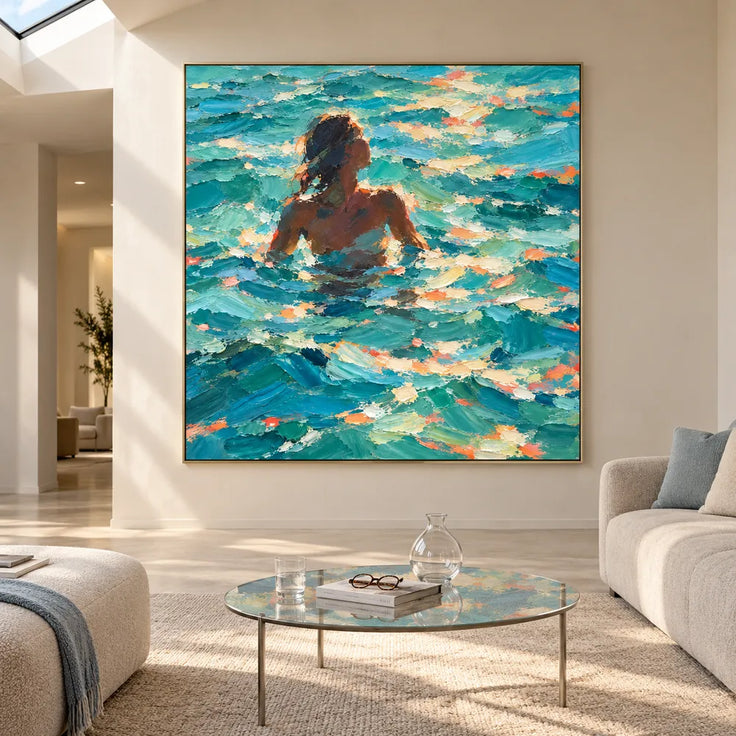 Blue Hand-Painted Oil Painting, Woman Among Sunlit Waves #ZO0LS4XT