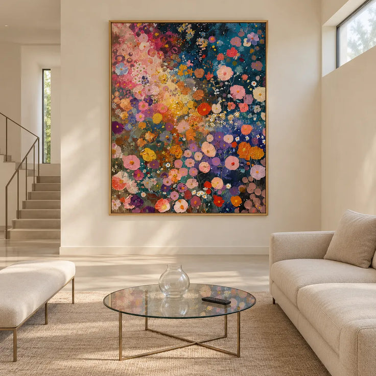 Deep Blue and Pink Hand-Painted Oil Painting, Colorful Flower Meadow #PG0DH31L