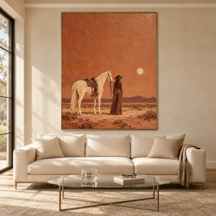 Rust Orange Hand-Painted Oil Painting, Cowgirl and White Horse in the Desert #209BR44A