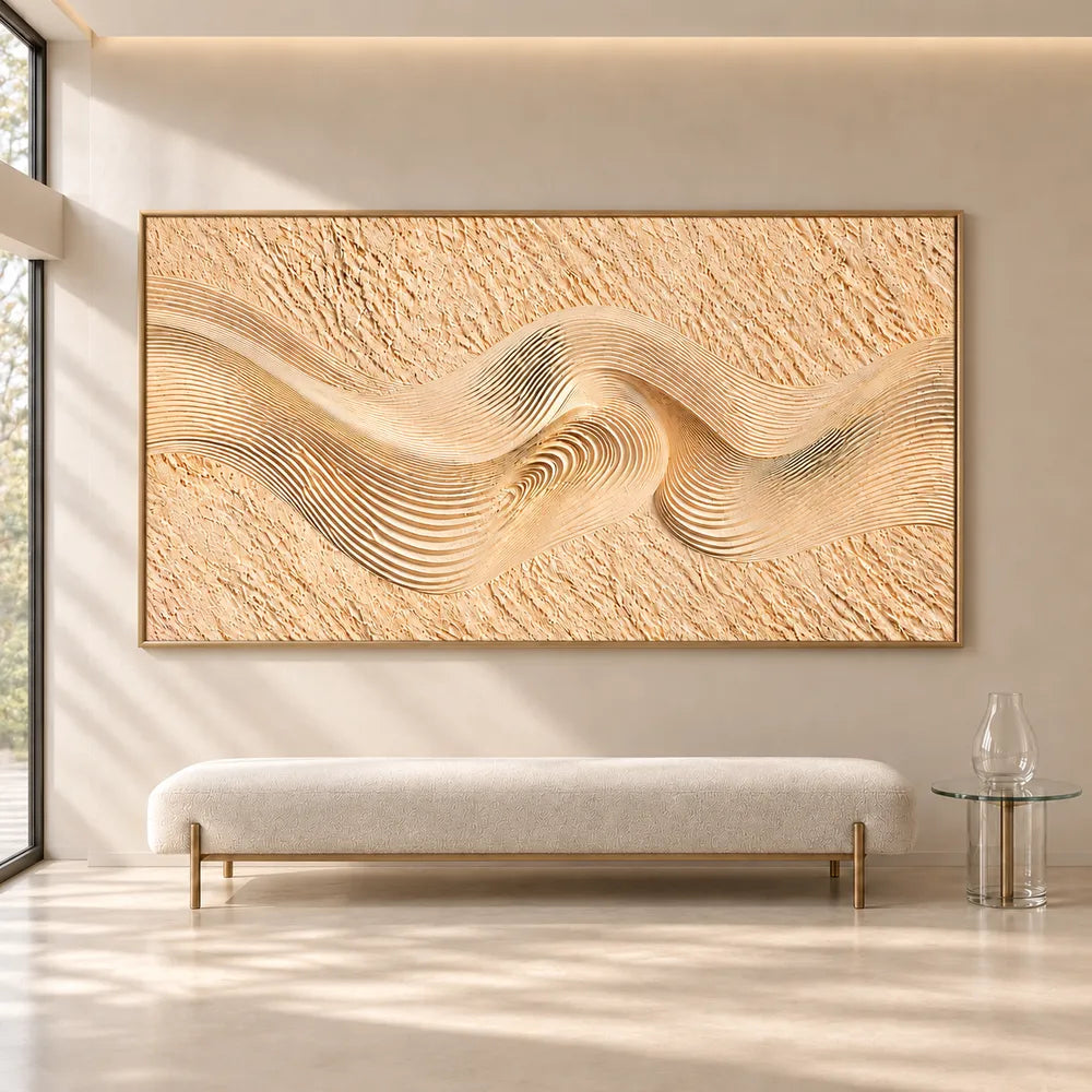 Sand Cream Hand-Painted 3D Textured Oil Painting, Ribbon Wave Wall Art #UOHF8DXB