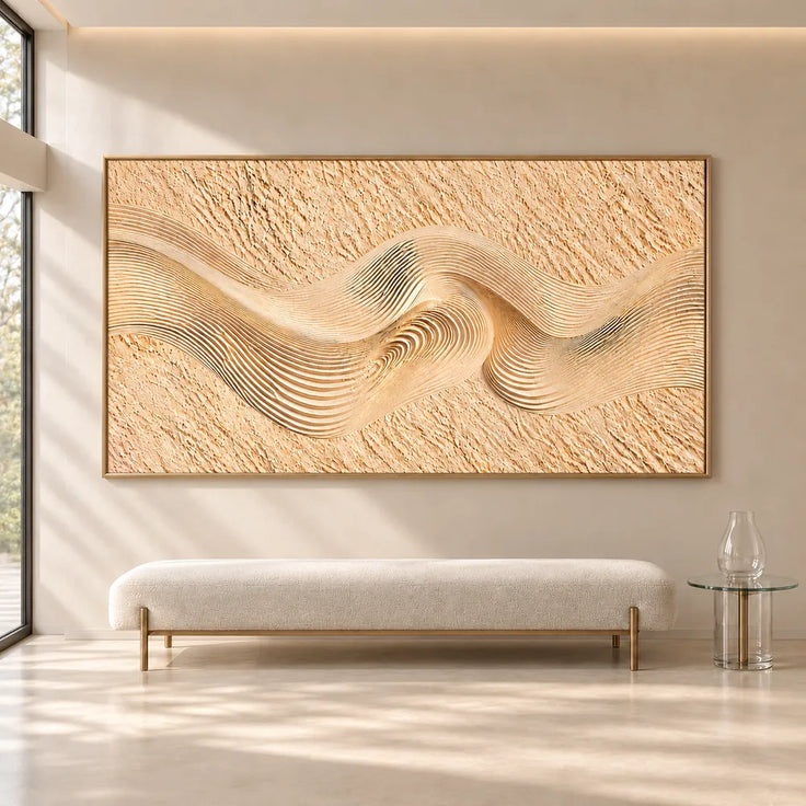 Sand Cream Hand-Painted 3D Textured Oil Painting, Ribbon Wave Wall Art #UOHF8DXB