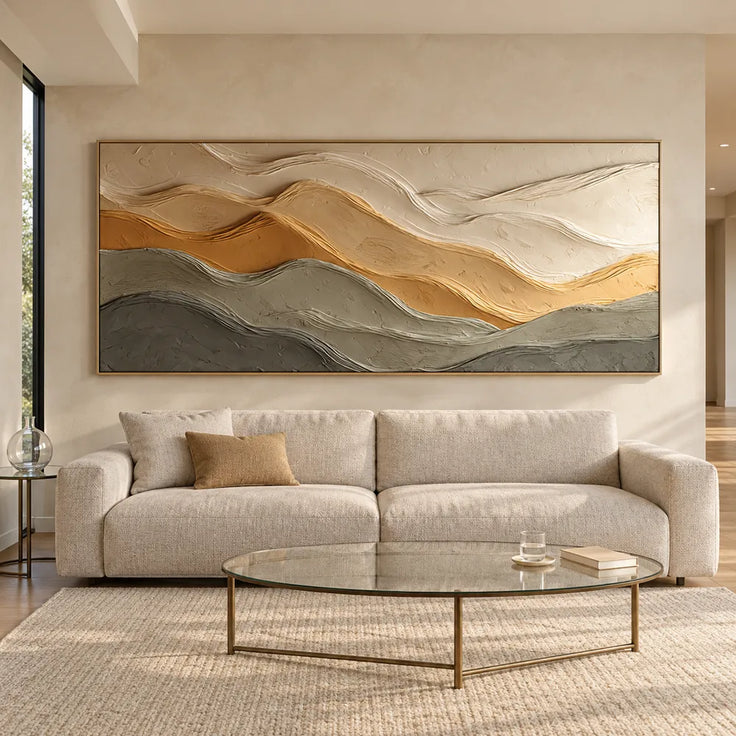 Sand & Taupe Hand-Painted 3D Textured Oil Painting, Layered Wave Abstract Wall Art #J66DZD8R