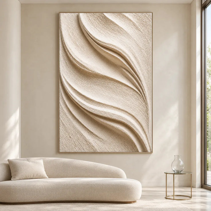 Ivory Hand-Painted 3D Textured Oil Painting, Sweeping Folds Wall Art #VZQ7TCW3