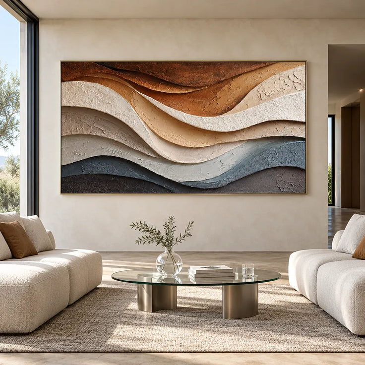 Earth-Tone Hand-Painted 3D Textured Oil Painting, Flowing Cream and Blue-Gray Strata #JP1L0E1K