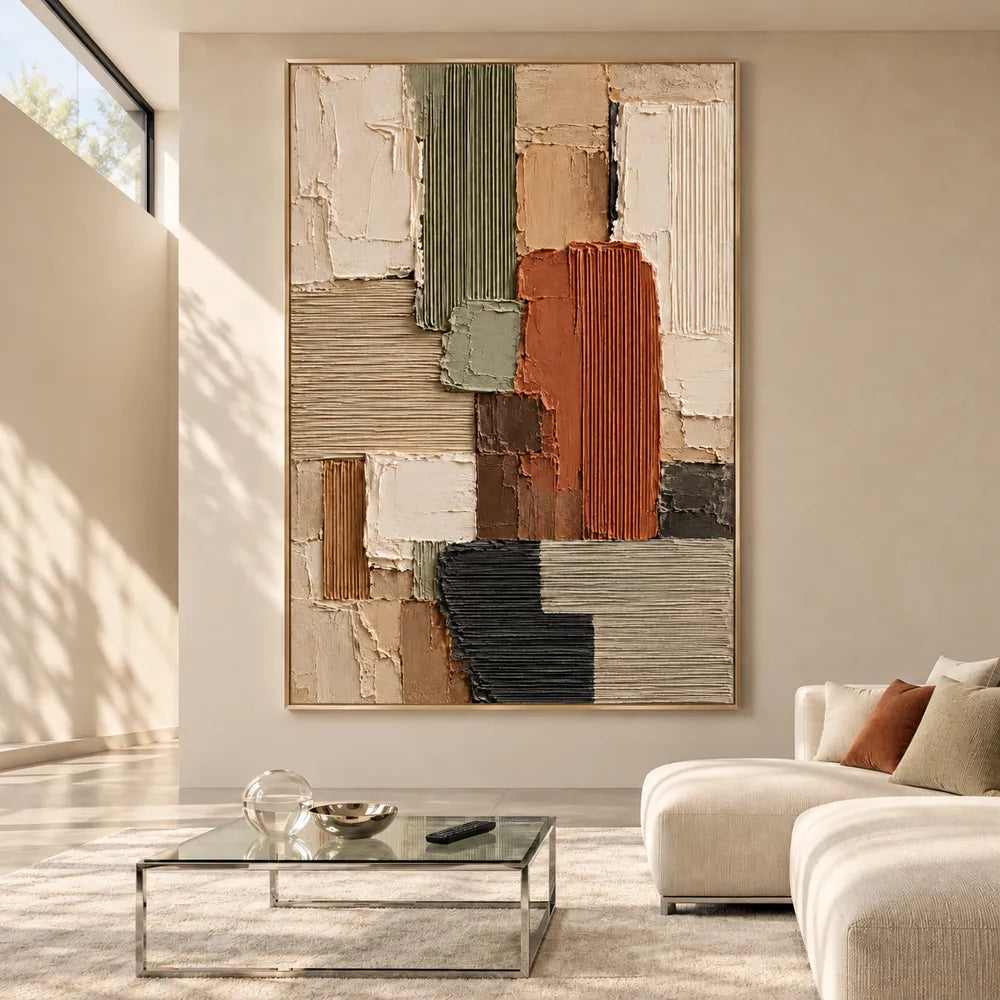 Earth Tone Hand-Painted 3D Textured Oil Painting, Ribbed Geometric Blocks #TDILGEWQ