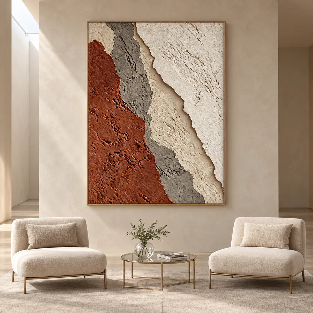 Ivory and Rust Hand-Painted 3D Textured Oil Painting, Diagonal Layered Abstract #6XM3ALEN