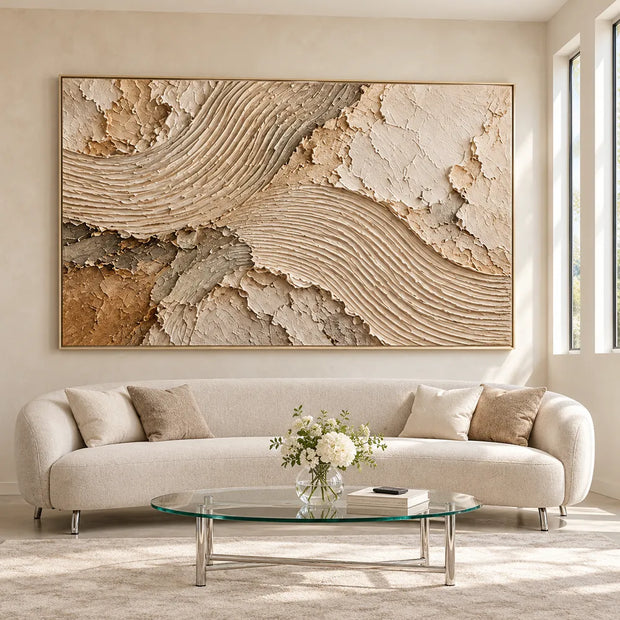 Cream and Taupe Hand-Painted 3D Textured Oil Painting, Flowing Ribbed Arcs #7BXB8EQJ