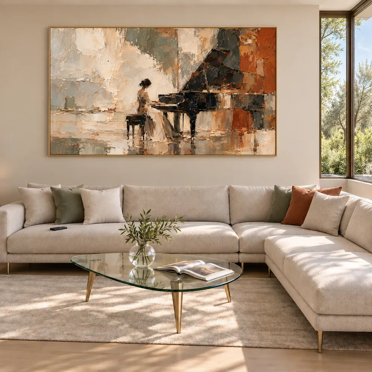 Earth-Tone Hand-Painted Oil Painting, Pianist at a Grand Piano #AQ4V2RU3