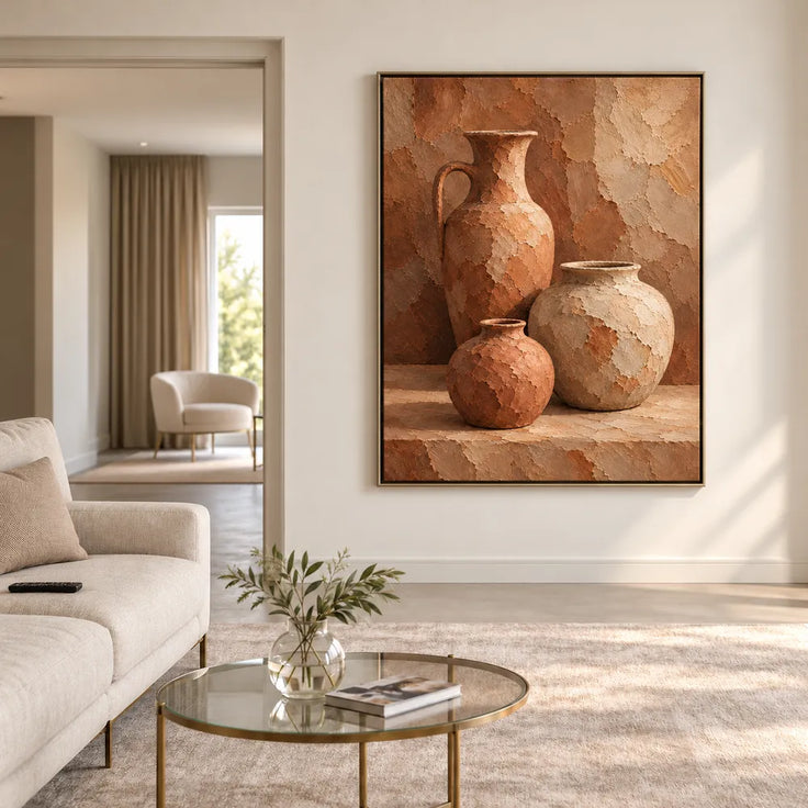 Terracotta Hand-Painted Oil Painting, Three Vessels on a Warm Ledge #ON3VRP1O