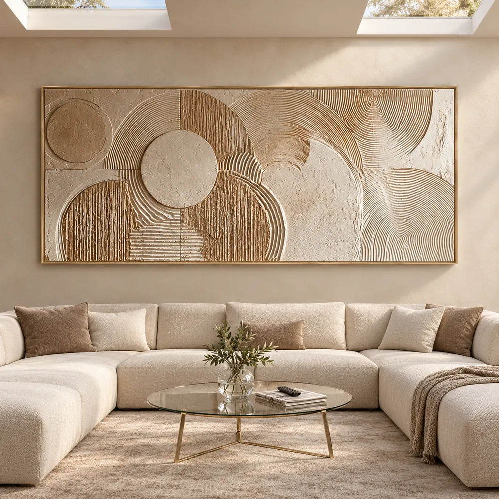 Beige Hand-Painted 3D Textured Oil Painting, Overlapping Circle Abstract #KM0VJQUO
