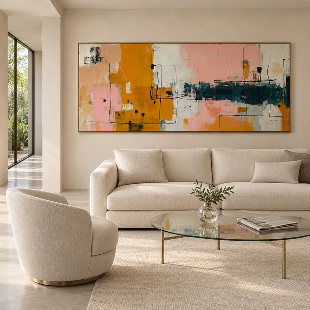 Ochre and Blush Hand-Painted Oil Painting, Linear Color Block Abstract #XNGHPZZP