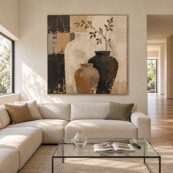 Beige and Brown Hand-Painted Oil Painting, Three Vessels and Leafy Branch #59QDYF0X