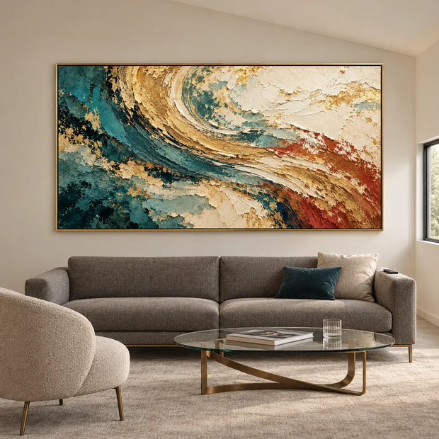 Teal and Ochre Hand-Painted Oil Painting, Sweeping Abstract Color Bands #VERH37SP