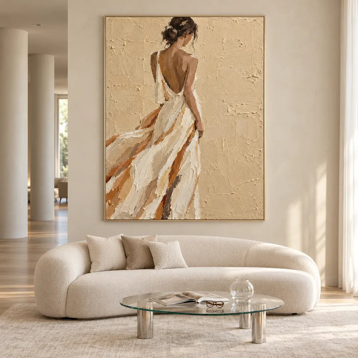 Beige and Cream Hand-Painted Oil Painting, Woman in a Flowing White Dress #5PM5BZHA