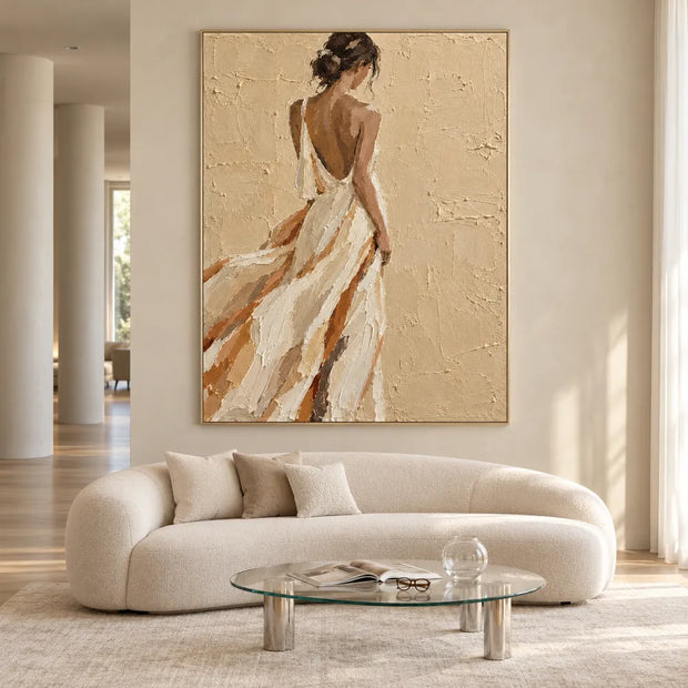 Beige and Cream Hand-Painted Oil Painting, Woman in a Flowing White Dress #5PM5BZHA