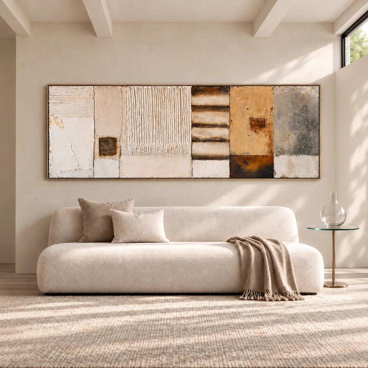 Cream Ochre Hand-Painted 3D Textured Oil Painting, Linear Blocks Wall Art #B57XEPUQ