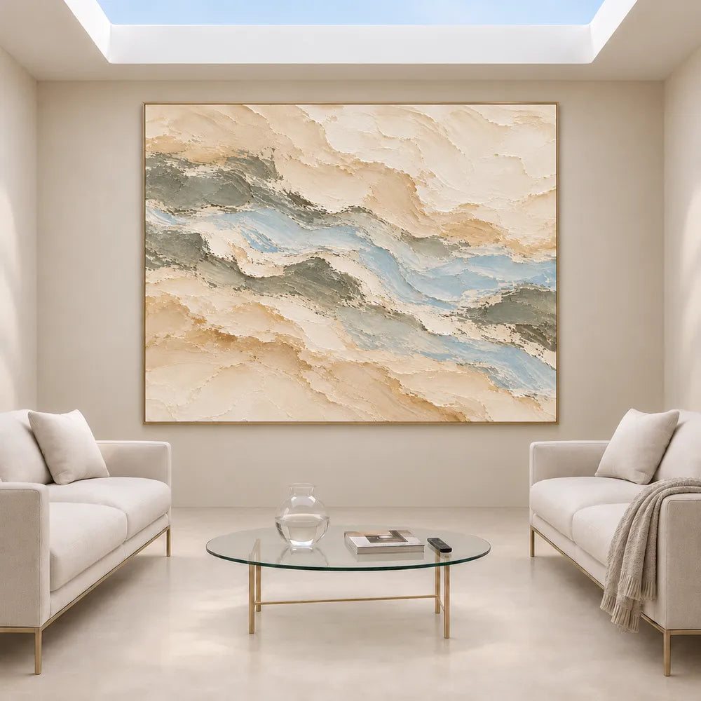 Beige Hand-Painted Oil Painting, Pale Layered Abstract with Blue Gray #3M9L7HZQ