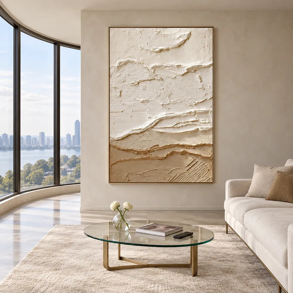 Ivory and Sand Hand-Painted 3D Textured Oil Painting, Horizontal Band Abstract #UP0DLY3U