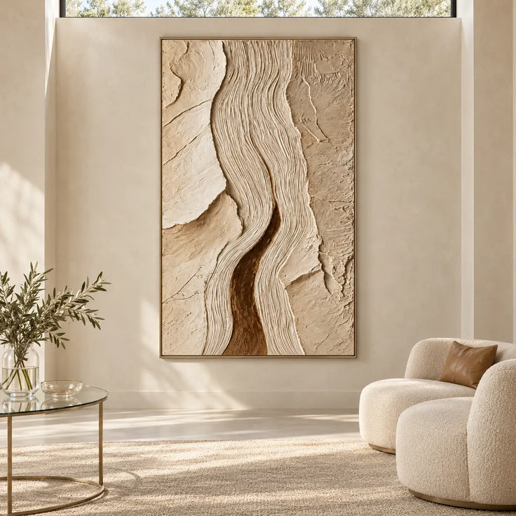 Cream Tan Hand-Painted 3D Textured Oil Painting, Winding Ridges Wall Art #4U0FQXUW