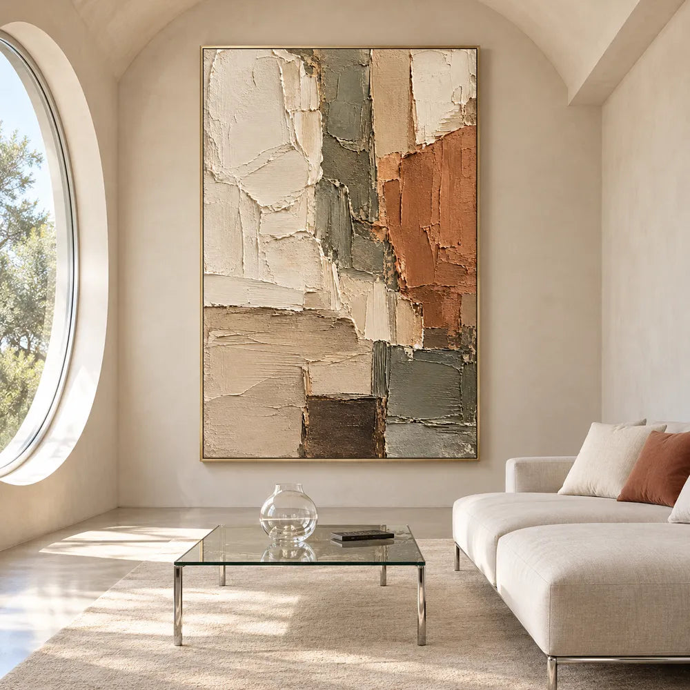 Cream and Terracotta Hand-Painted 3D Textured Oil Painting, Stacked Color Planes #L2DBB7UJ