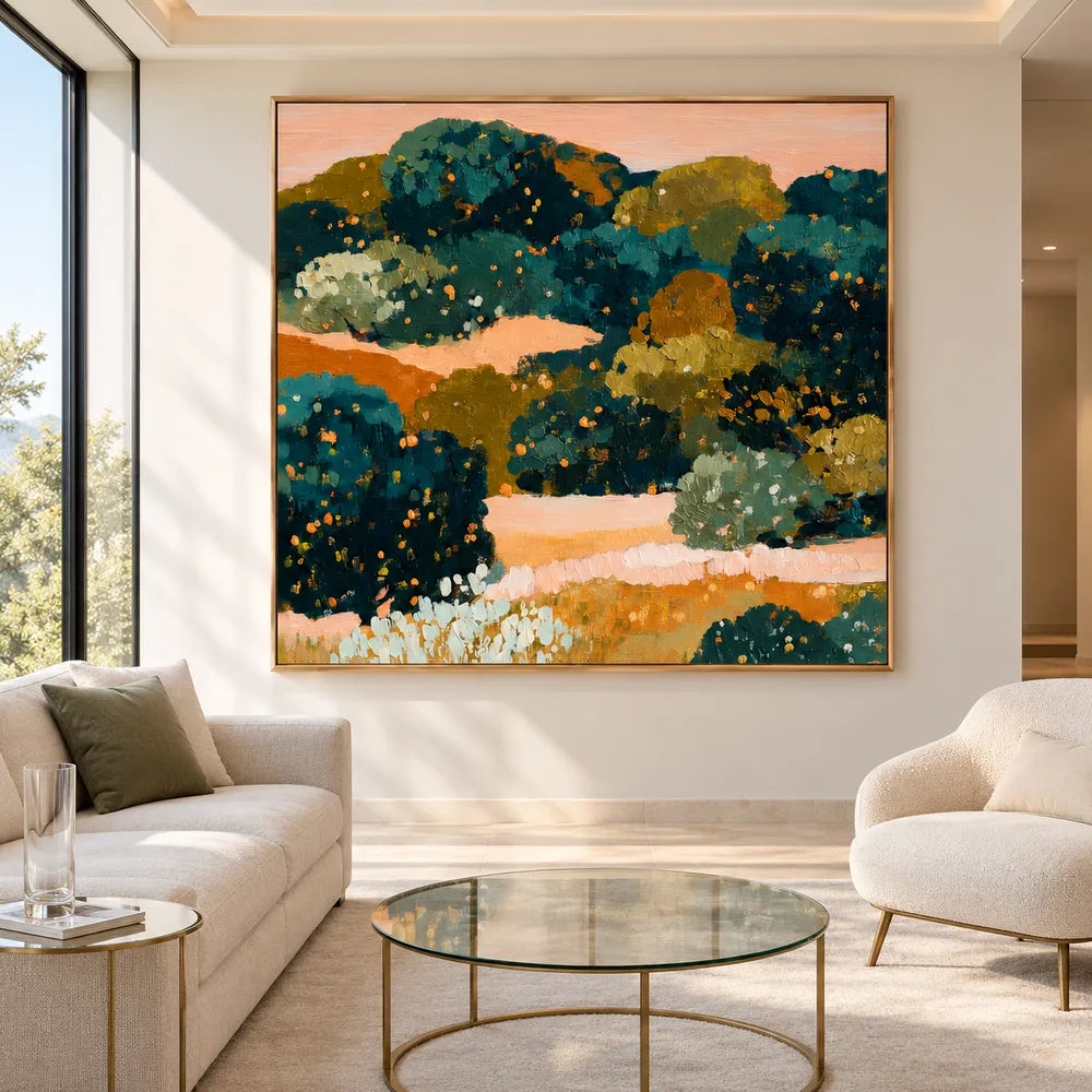 Deep Green and Ochre Hand-Painted Oil Painting, Abstract Garden Landscape #SBRV3BHR