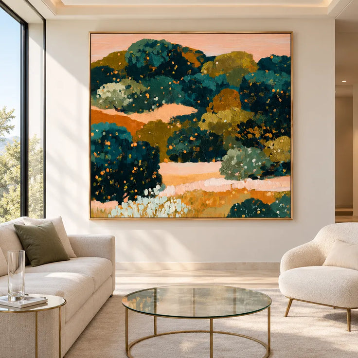 Deep Green and Ochre Hand-Painted Oil Painting, Abstract Garden Landscape #SBRV3BHR