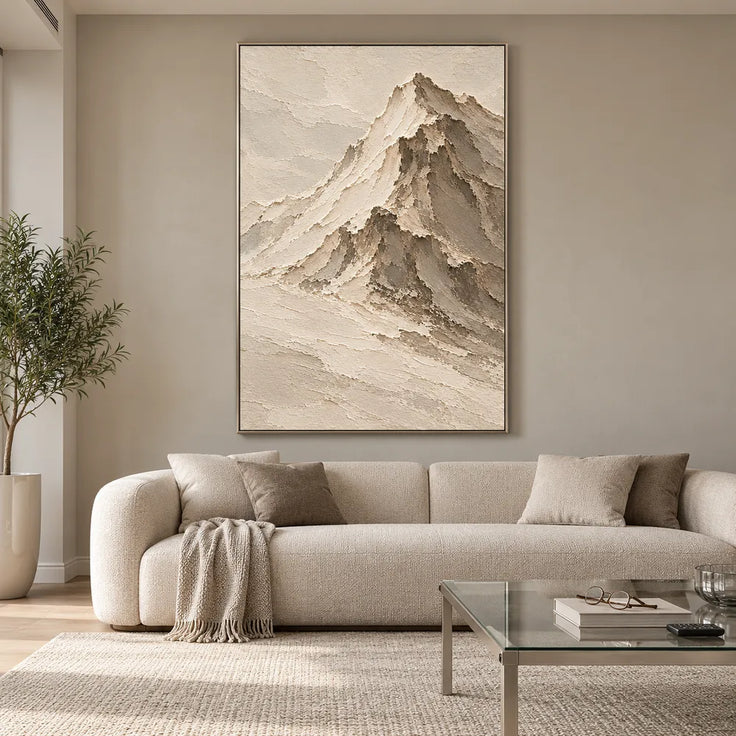 Beige Hand-Painted Mountain Painting, Asymmetric Cream Summit #LEVVY5F3