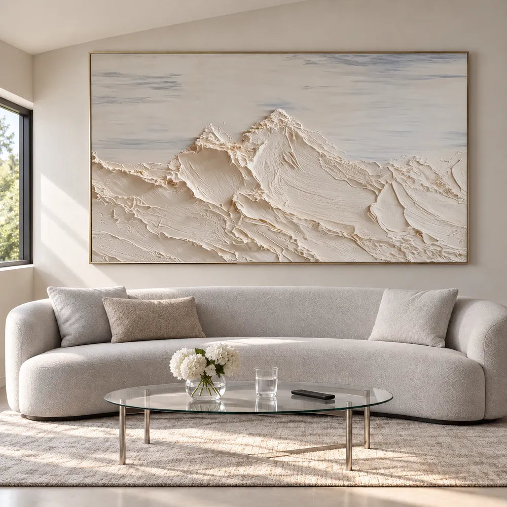 Ivory Hand-Painted 3D Textured Oil Painting, Mountain Peaks Beneath a Soft Gray Sky #0MQBQEM1