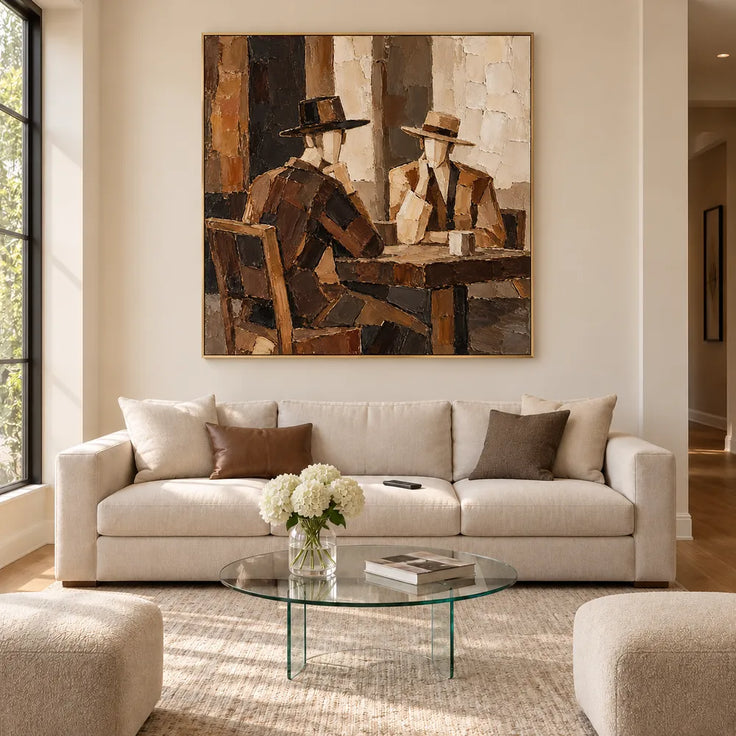 Brown Hand-Painted Oil Painting, Two Hat-Wearing Figures at a Table #0C7HVNB7