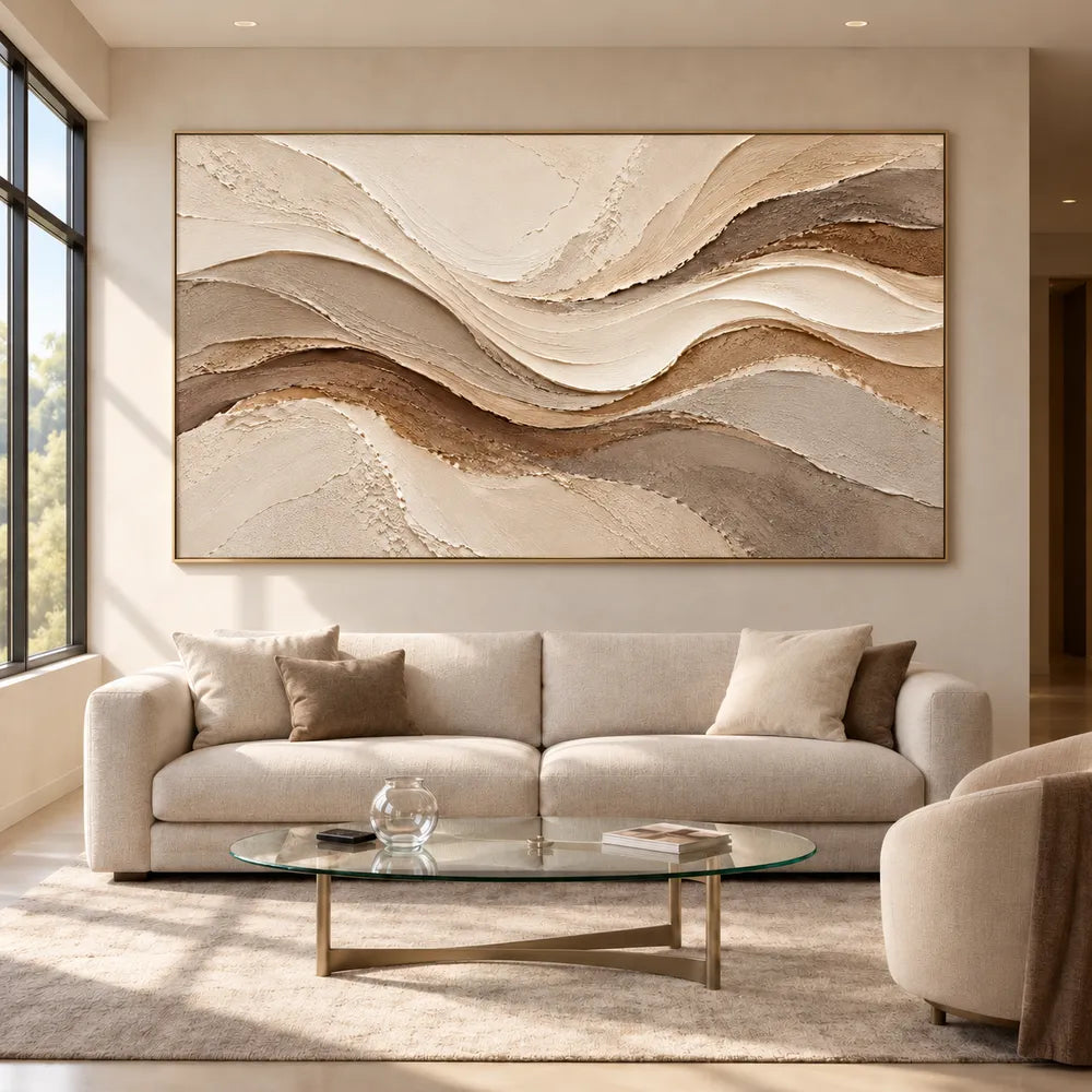 Beige Hand-Painted 3D Textured Oil Painting, Flowing Layered Bands Abstract Wall Art #91IV6MQ0