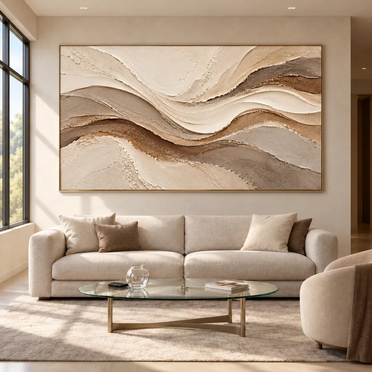 Beige Hand-Painted 3D Textured Oil Painting, Flowing Layered Bands Abstract Wall Art #91IV6MQ0