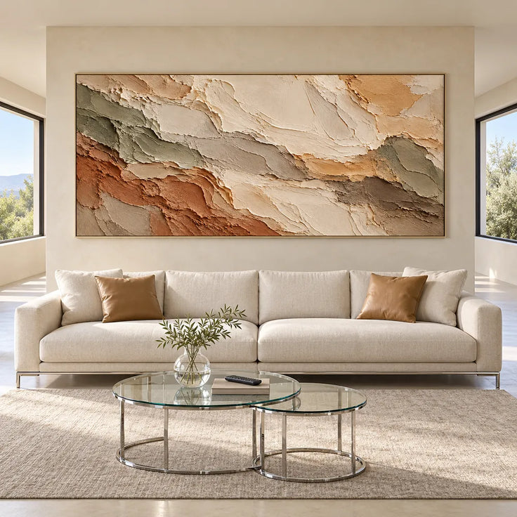 Cream and Terracotta Hand-Painted 3D Textured Oil Painting, Broad Organic Bands #LT43B3PW
