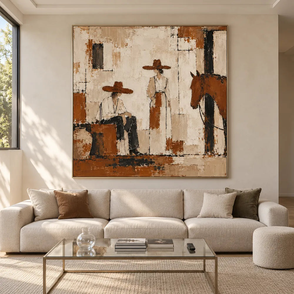 Cream and Brown Hand-Painted Oil Painting, Western Figures with a Horse #5Z6JSBUO