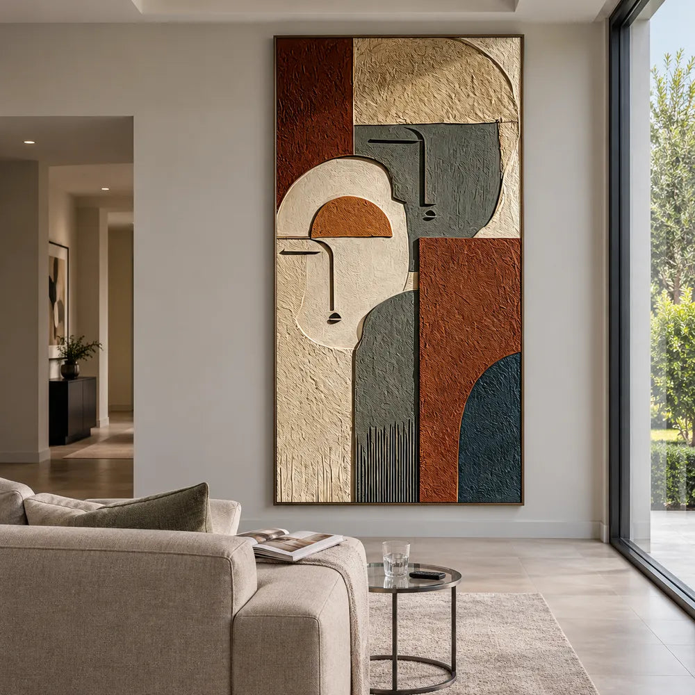 Earth-Tone Hand-Painted 3D Textured Oil Painting, Two Geometric Faces #CIED8WA9