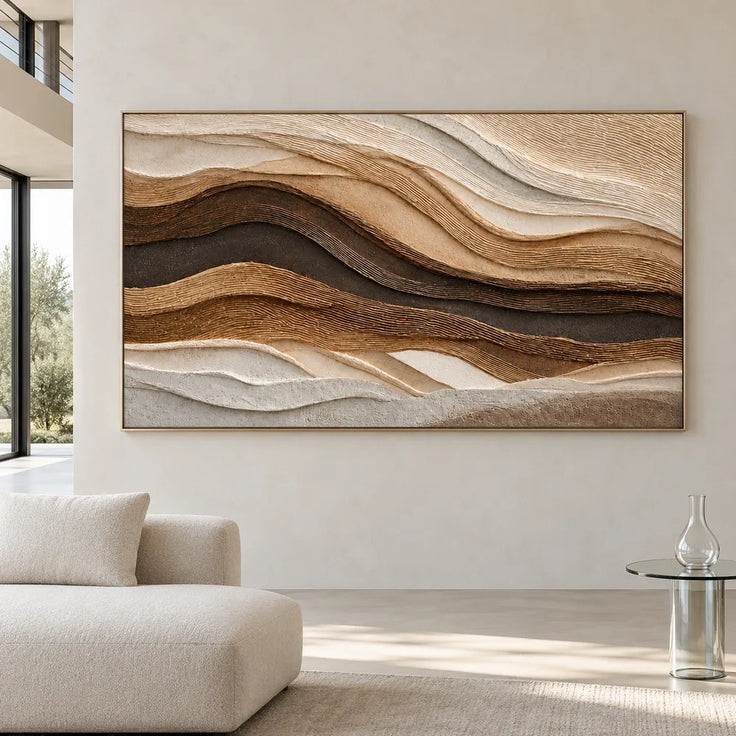Brown Cream Hand-Painted 3D Textured Oil Painting, Rolling Strata Wall Art #WMVP53K9