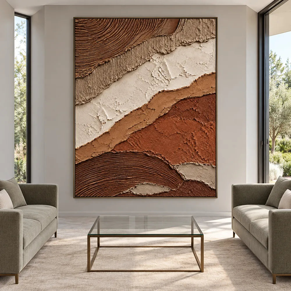 Brown & Ivory Hand-Painted 3D Textured Oil Painting, Diagonal Earth-Tone Abstract Wall Art #S6B3TVFK