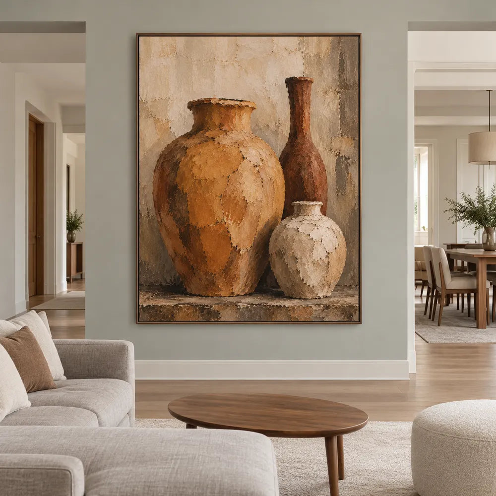 Ochre & Cream Hand-Painted Oil Painting, Three-Vessel Still Life Wall Art #198HZFBY