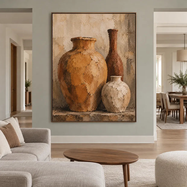 Ochre & Cream Hand-Painted Oil Painting, Three-Vessel Still Life Wall Art #198HZFBY