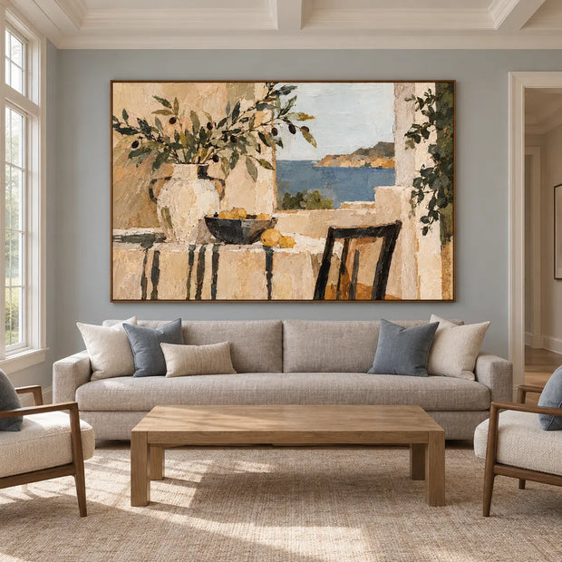 Beige & Cream Hand-Painted Oil Painting, Coastal Window Still Life #C29D94CL